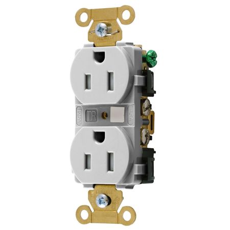 HUBBELL WIRING DEVICE-KELLEMS Straight Blade Devices, Tamper Resistant Duplex Receptacle, Industrial Grade, 15A 125V, 2-Pole 3-Wire Grounding, 5-15R, White HBL5262WTR